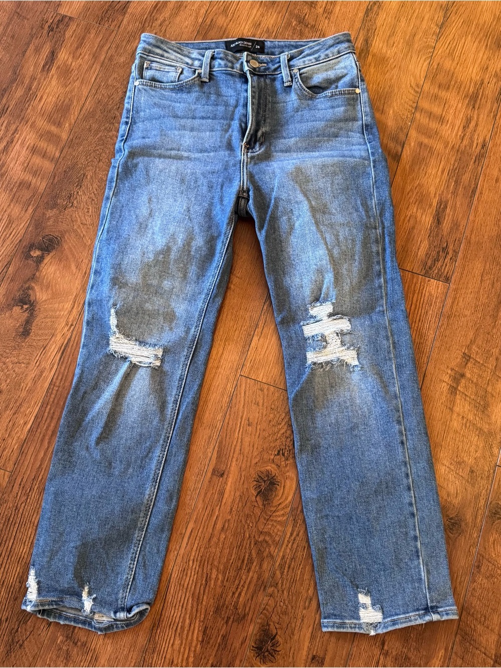 Just Black Denim Mid Rise Stretch Jeans Distressed Hem Dark Denim Women’s 28
